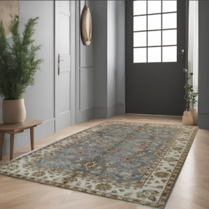 sky blue & ivory premium handwoven pure wool chobrang rug, 5ft 2in x 6ft 7in
