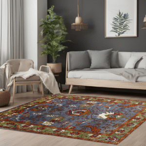grey & green premium handwoven pure wool chobrang rug, 5ft 6in x 8ft 1in