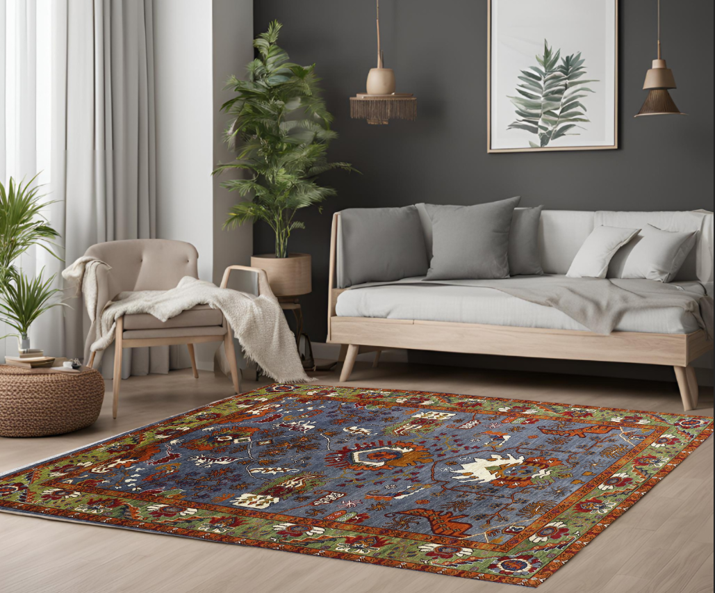 grey & green premium handwoven pure wool chobrang rug, 5ft 6in x 8ft 1in