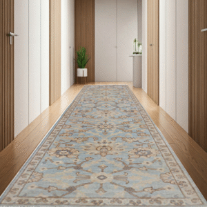sky blue & beige premium handwoven pure wool chobrang rug, 2ft 8in x 11ft 4in