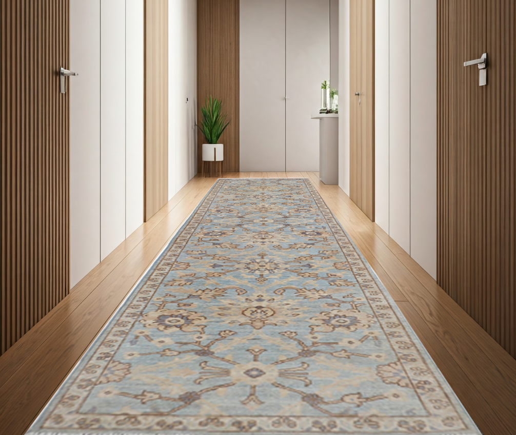 sky blue & beige premium handwoven pure wool chobrang rug, 2ft 8in x 11ft 4in