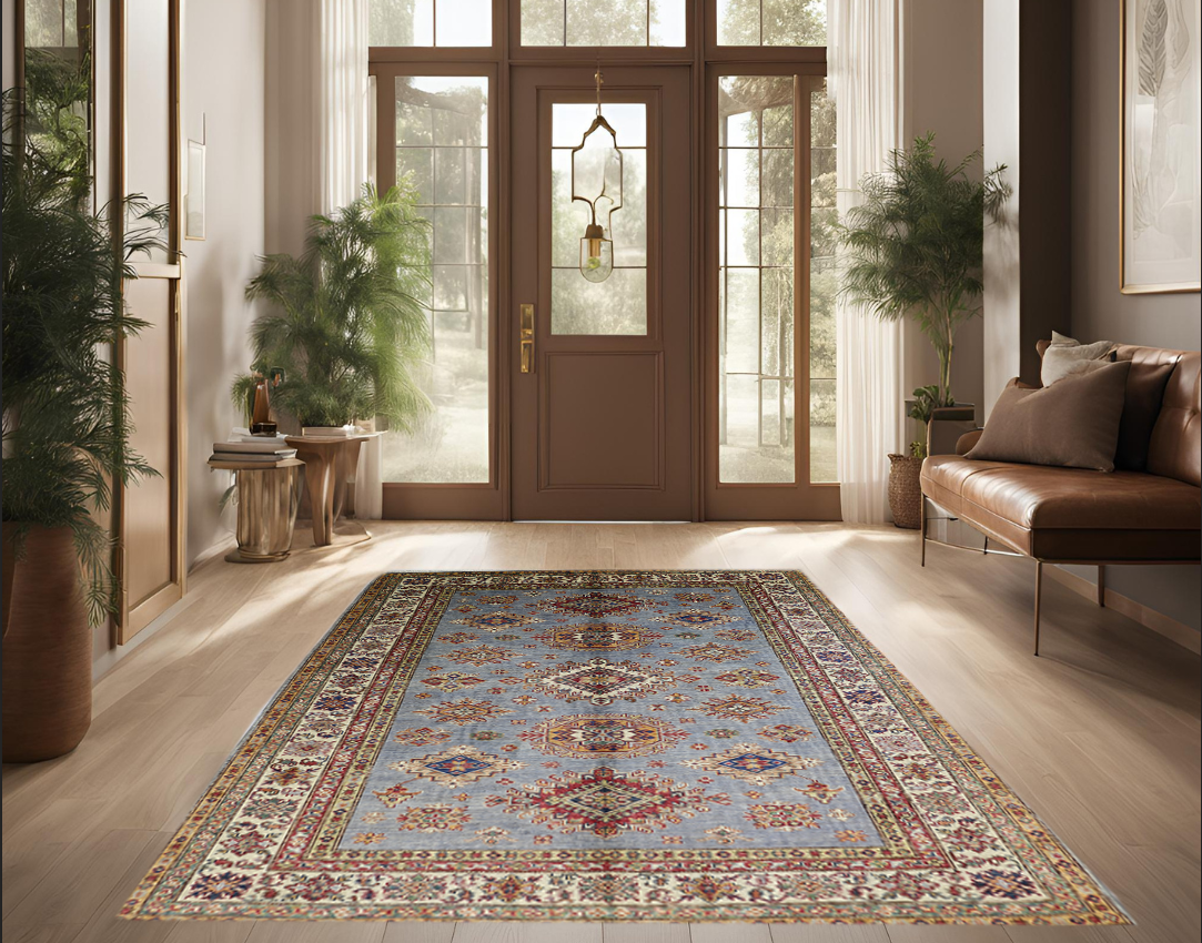 grey & ivory premium handwoven pure wool super kazak rug, 5ft 8in x 8ft 2in