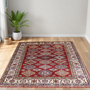red & ivory premium handwoven pure wool super kazak rug, 5ft 1in x 6ft 7in