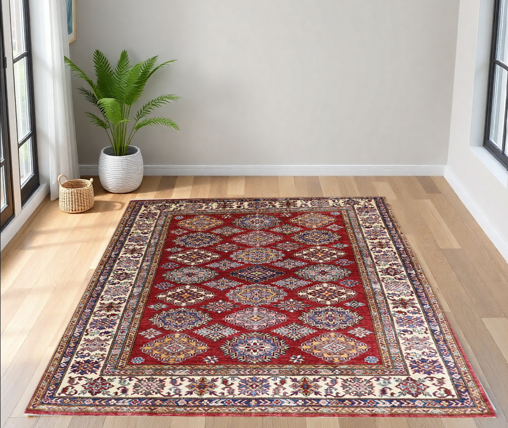 red & ivory premium handwoven pure wool super kazak rug, 5ft 1in x 6ft 7in