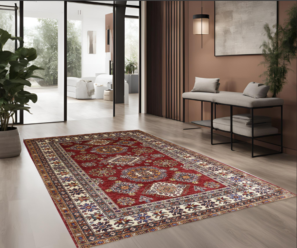 red & ivory premium handwoven pure wool super kazak rug, 5ft 0in x 7ft 1in
