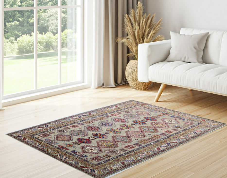 beige & ivory premium handwoven pure wool super kazak rug, 5ft 7in x 8ft 1in
