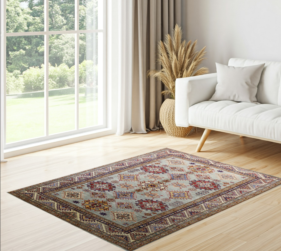 tan & blue premium handwoven pure wool super kazak rug, 5ft 10in x 8ft 3in