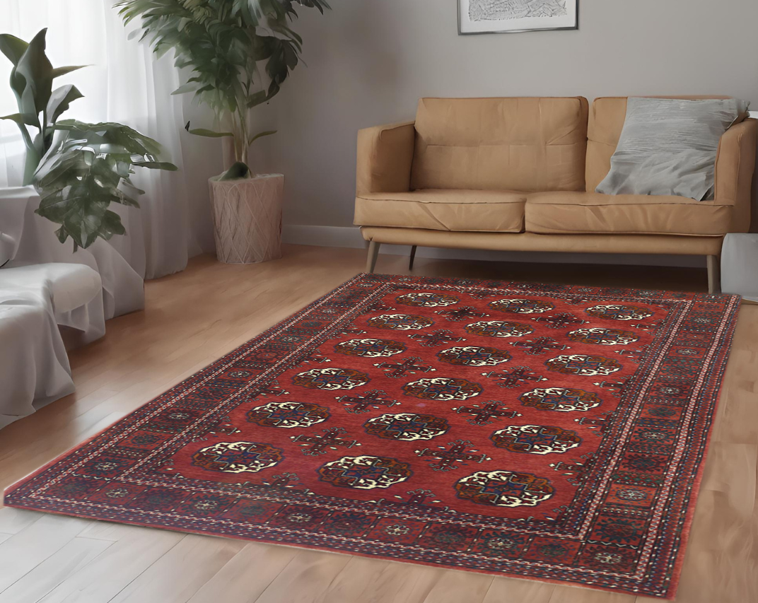 red & ivory premium handwoven pure wool bokhara rug, 4ft 0in x 5ft 11in