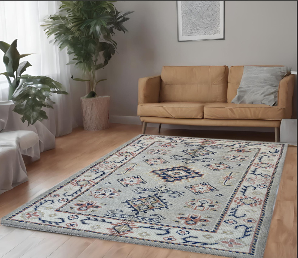 silver & ivory premium handwoven pure wool kotan rug, 4ft 0in x 6ft 1in