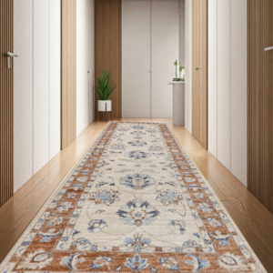 ivory & rust premium handwoven pure wool chobrang rug, 2ft 6in x 8ft 1in
