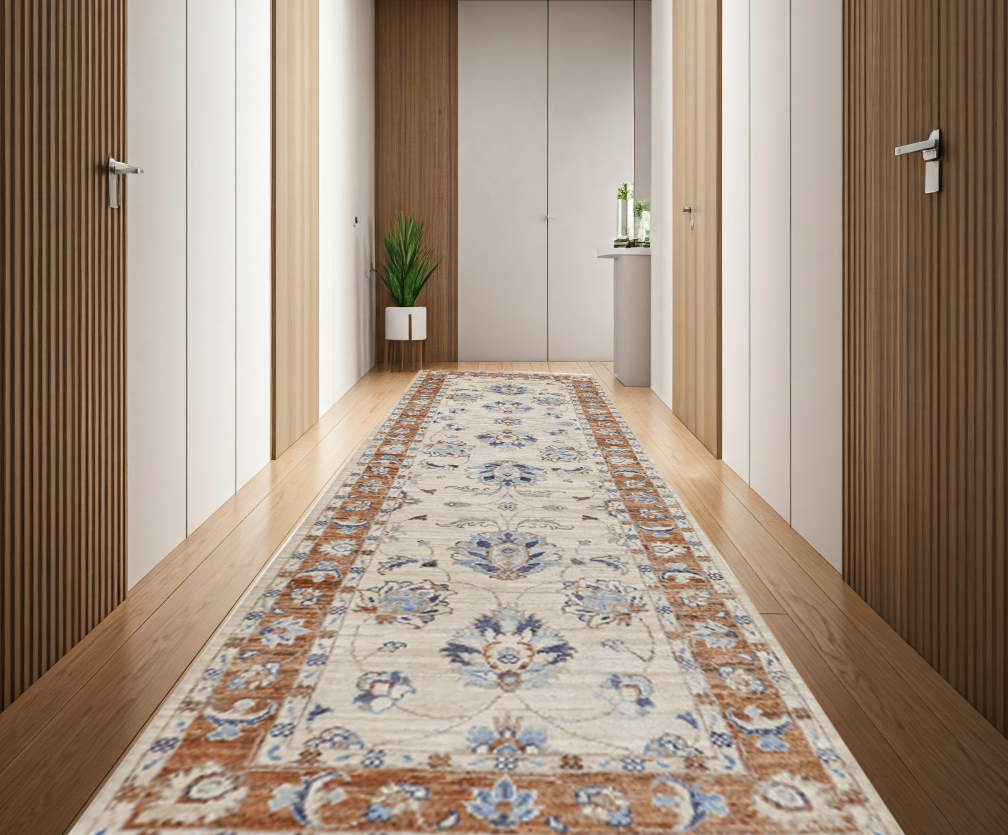 ivory & rust premium handwoven pure wool chobrang rug, 2ft 6in x 8ft 1in