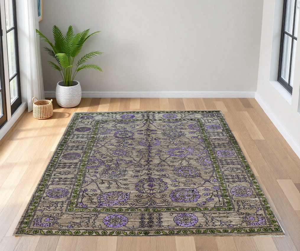 brown & lavender premium handwoven pure wool chobrang rug, 5ft 0in x 7ft 0in