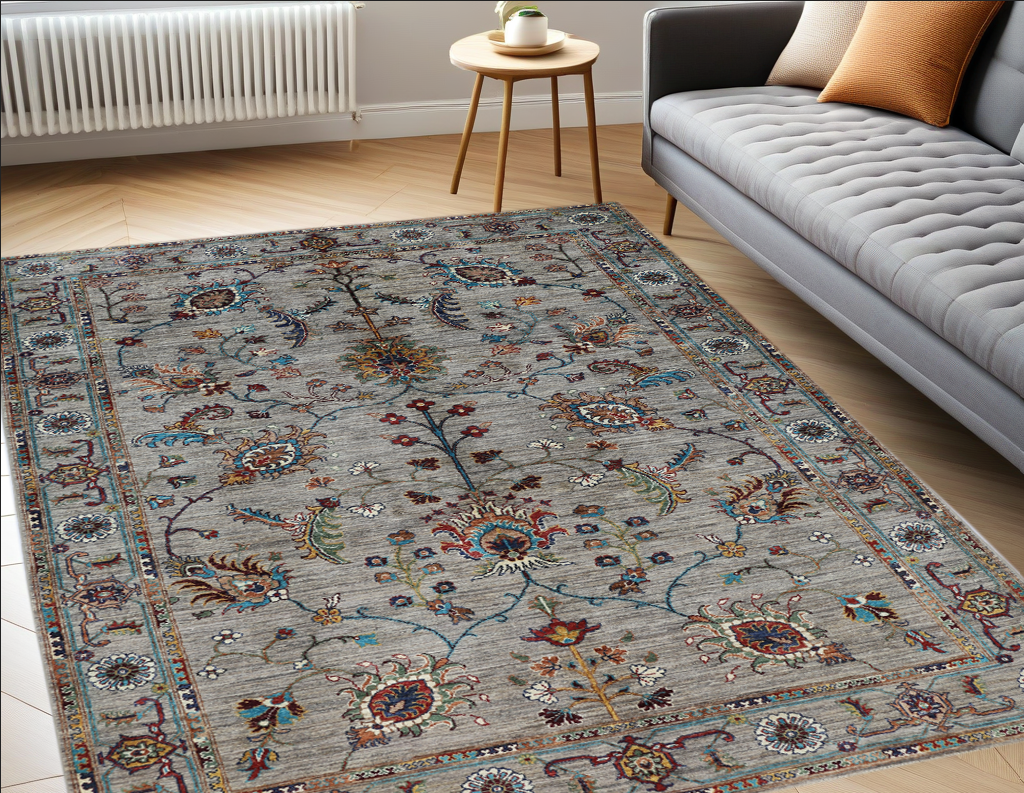 brown & teal premium handwoven pure wool sultani rug, 5ft 8in x 7ft 8in