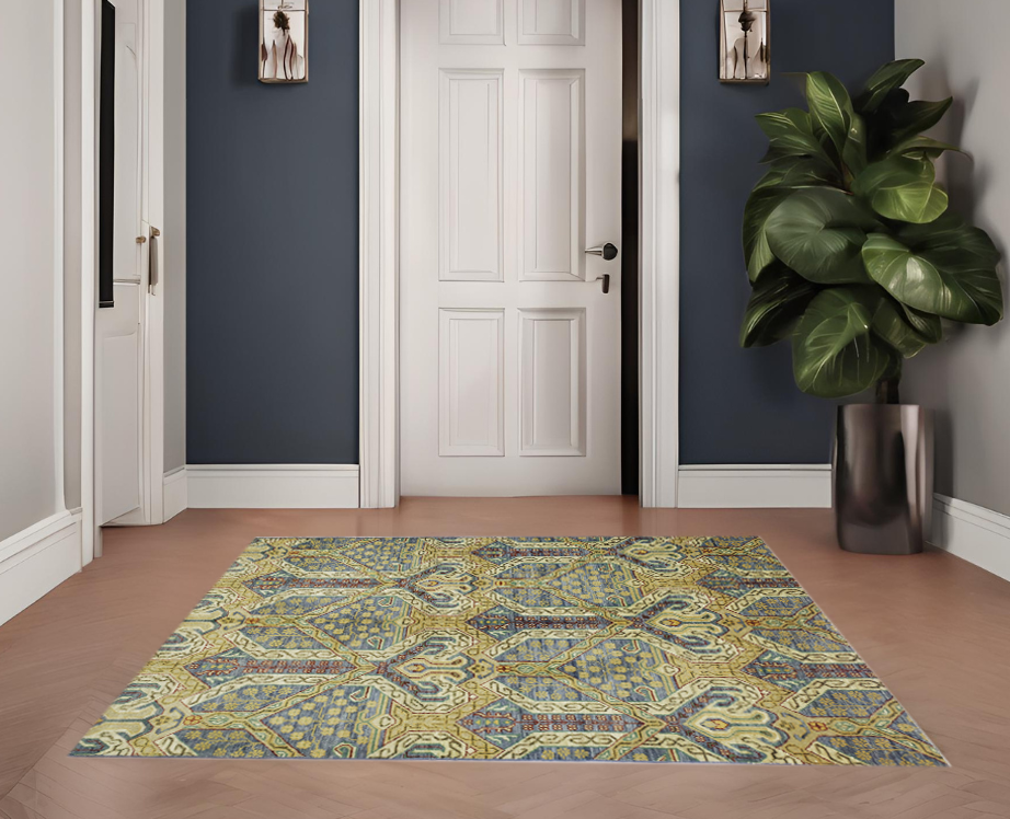 blue & ivory premium handwoven pure wool chobrang rug, 3ft 11in x 5ft 11in