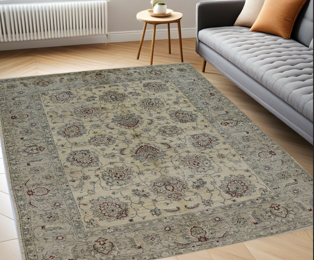 ivory & grey premium handwoven pure wool gaba rug, 6ft 0in x 9ft 0in