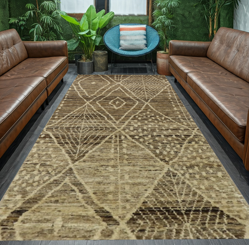 brown & ivory premium handwoven pure wool moroccan rug, 2ft 6in x 6ft 3in