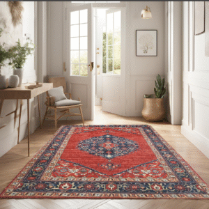 rust & navy blue premium handwoven pure wool chobrang rug, 4ft 0in x 5ft 10in
