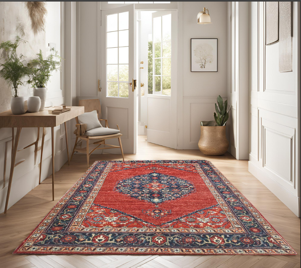 rust & navy blue premium handwoven pure wool chobrang rug, 4ft 0in x 5ft 10in