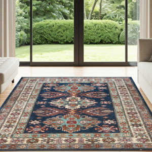 navy blue & ivory premium handwoven pure wool super kazak rug, 3ft 4in x 4ft 10in