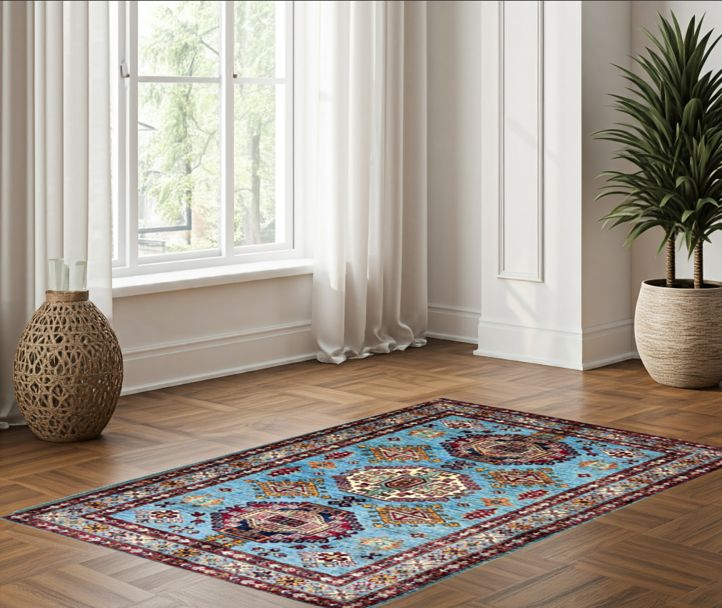 blue & red premium handwoven pure wool super kazak rug, 3ft 4in x 4ft 11in