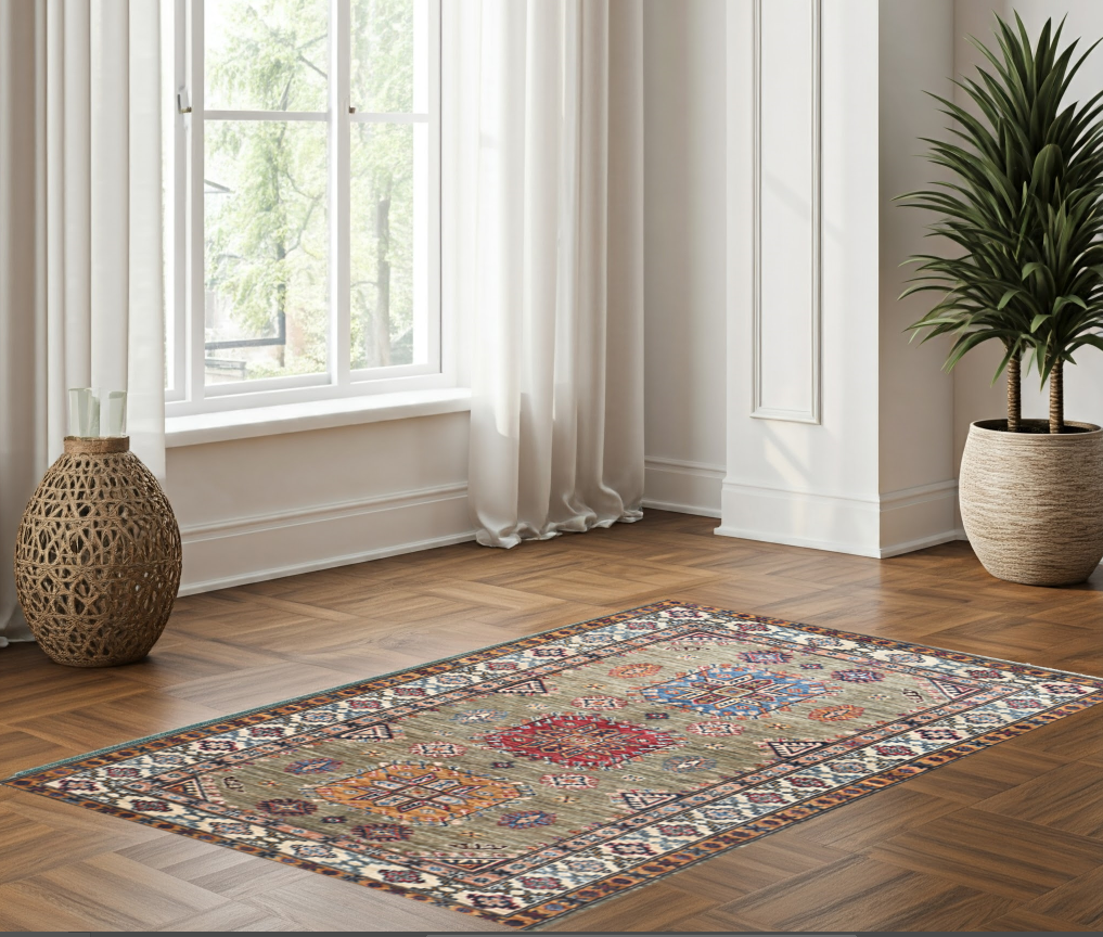 brown & ivory premium handwoven pure wool super kazak rug, 3ft 6in x 5ft 0in