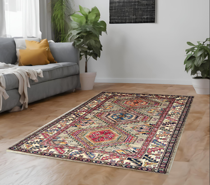 brown & ivory premium handwoven pure wool super kazak rug, 3ft 4in x 5ft 0in