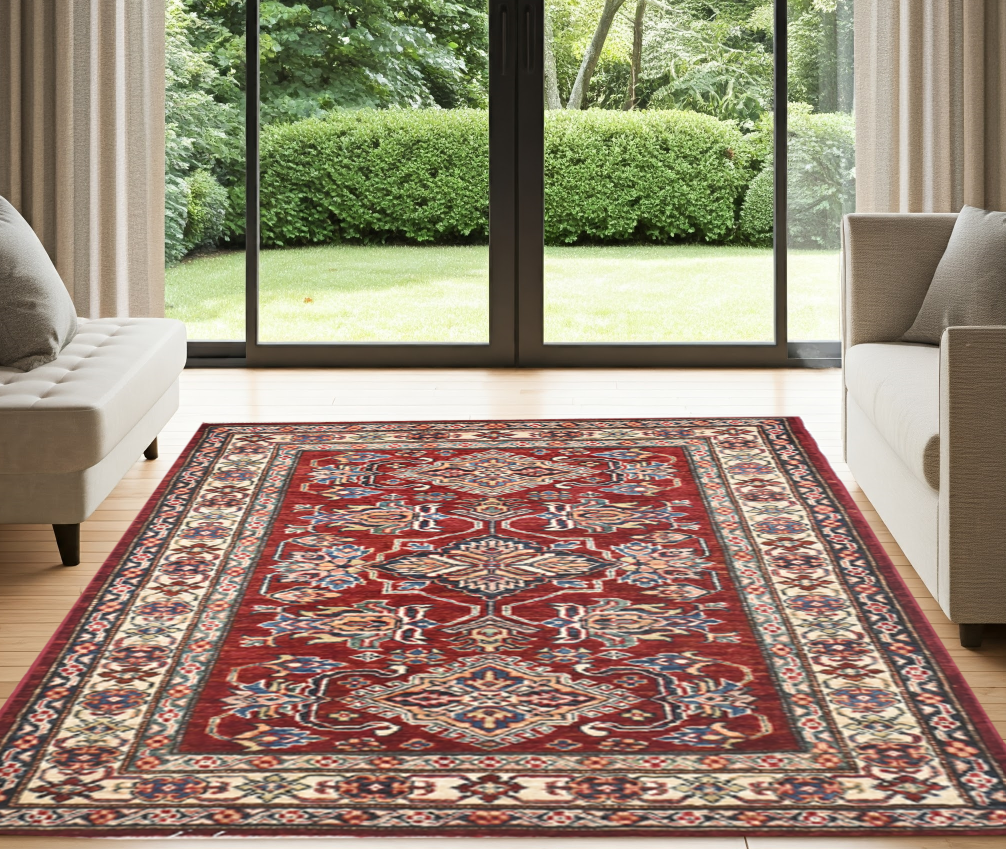 red & ivory premium handwoven pure wool super kazak rug, 3ft 3in x 5ft 2in