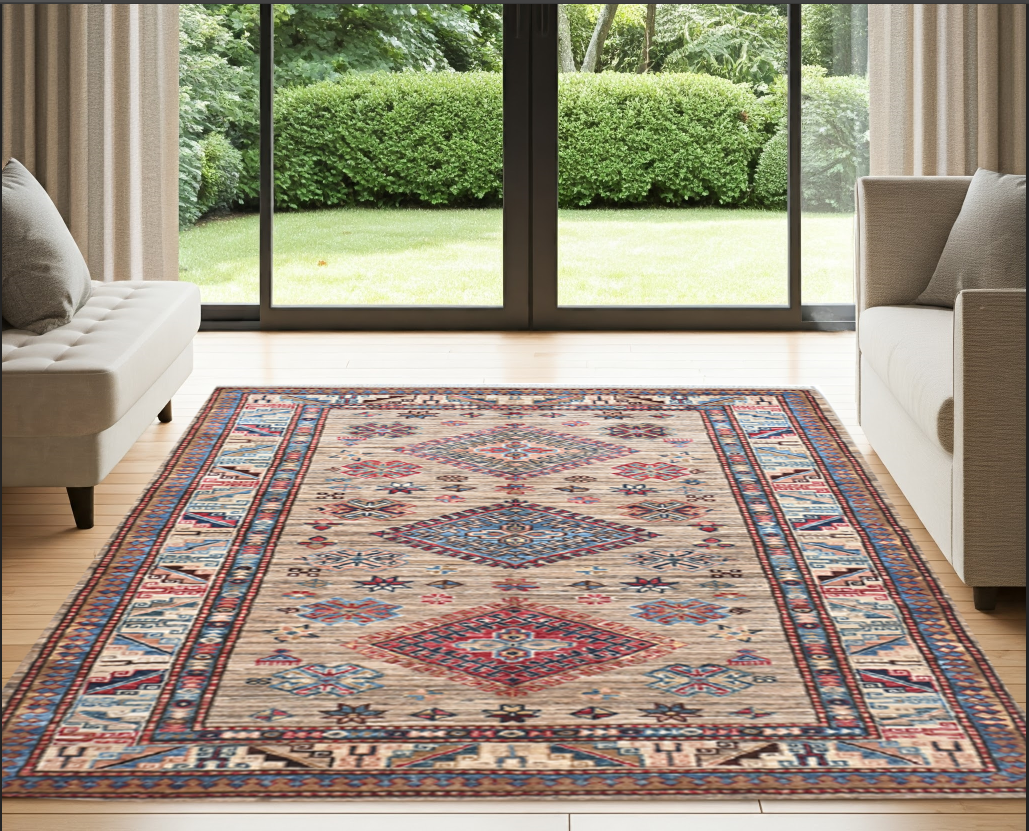 brown & ivory premium handwoven pure wool super kazak rug, 3ft 4in x 5ft 1in