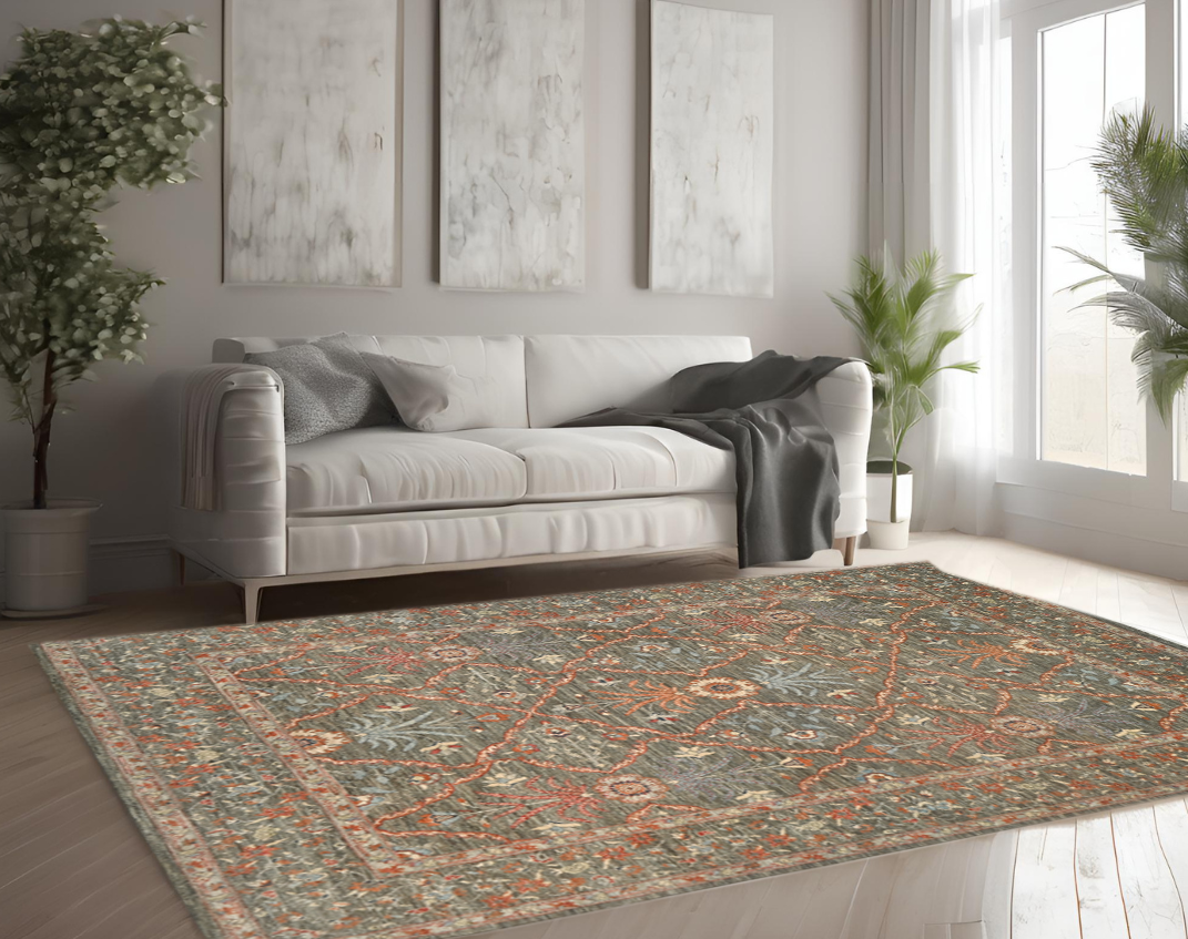sage & sky blue premium handwoven pure wool chobrang rug, 9ft 0in x 12ft 0in