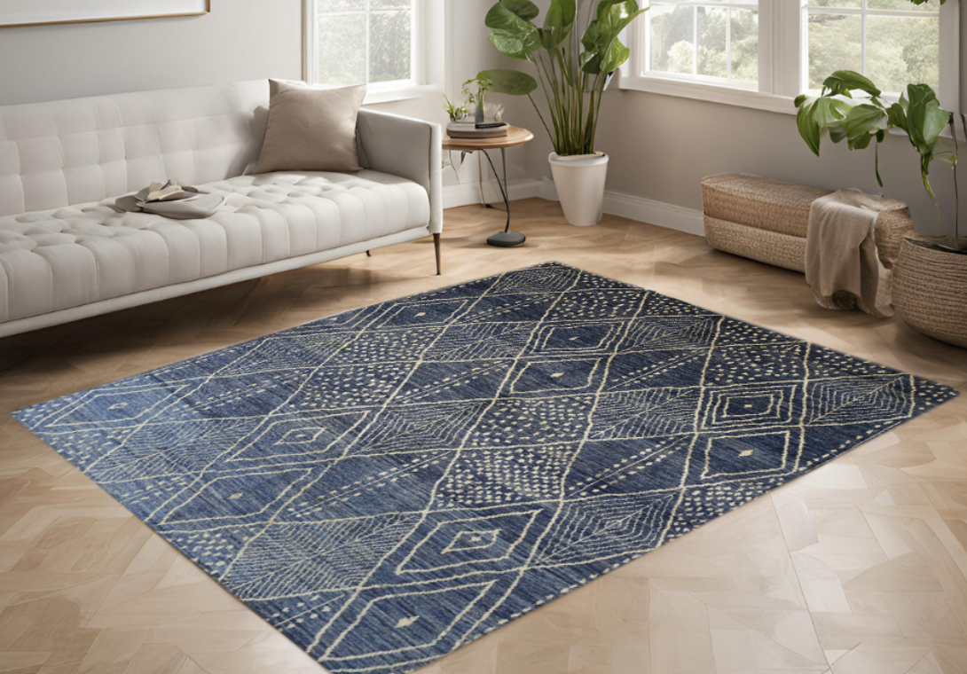 blue & beige premium handwoven pure wool moroccan rug, 5ft 10in x 8ft 10in