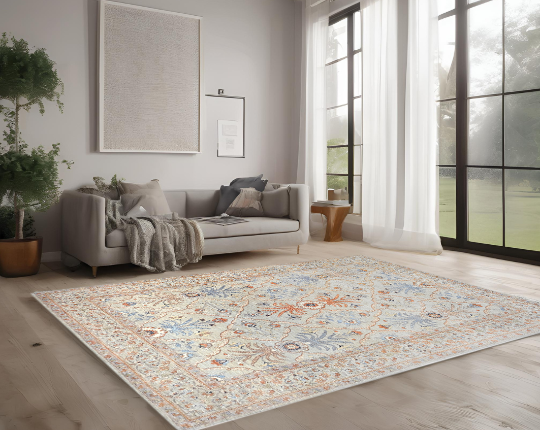 beige & rust premium handwoven pure wool herati rug, 9ft 0in x 12ft 1in