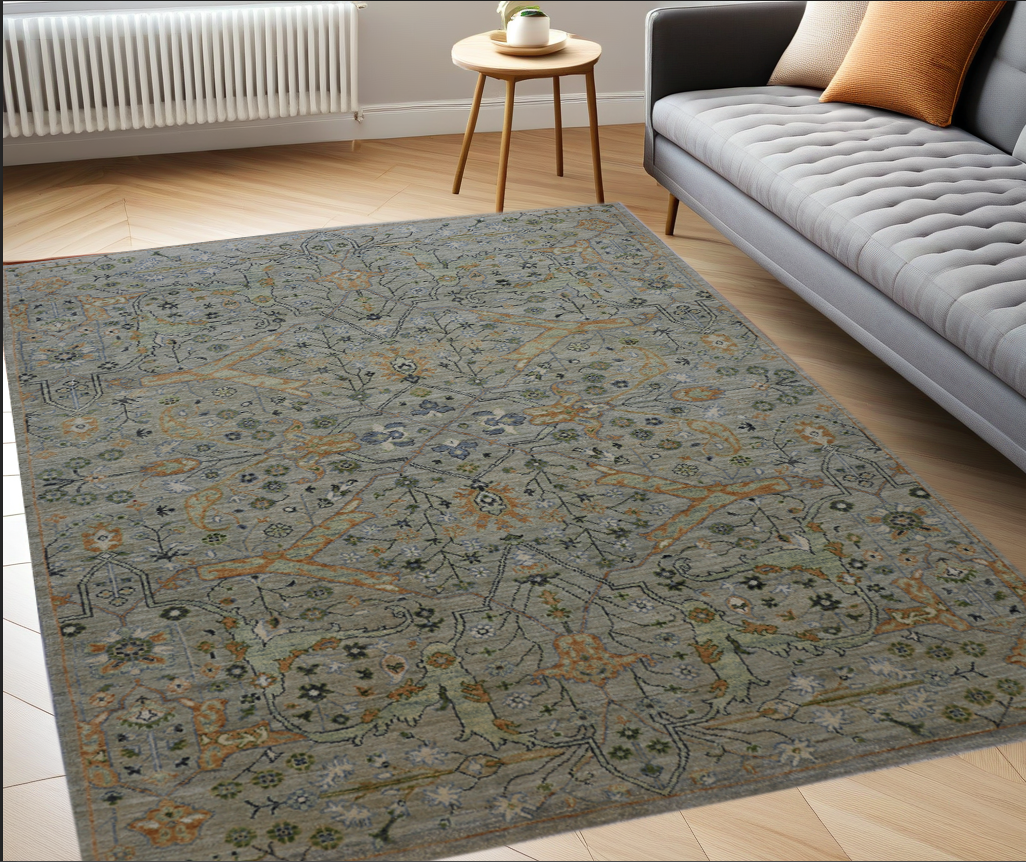 pistachio & salmon premium handwoven pure wool chobrang rug, 5ft 0in x 7ft 0in