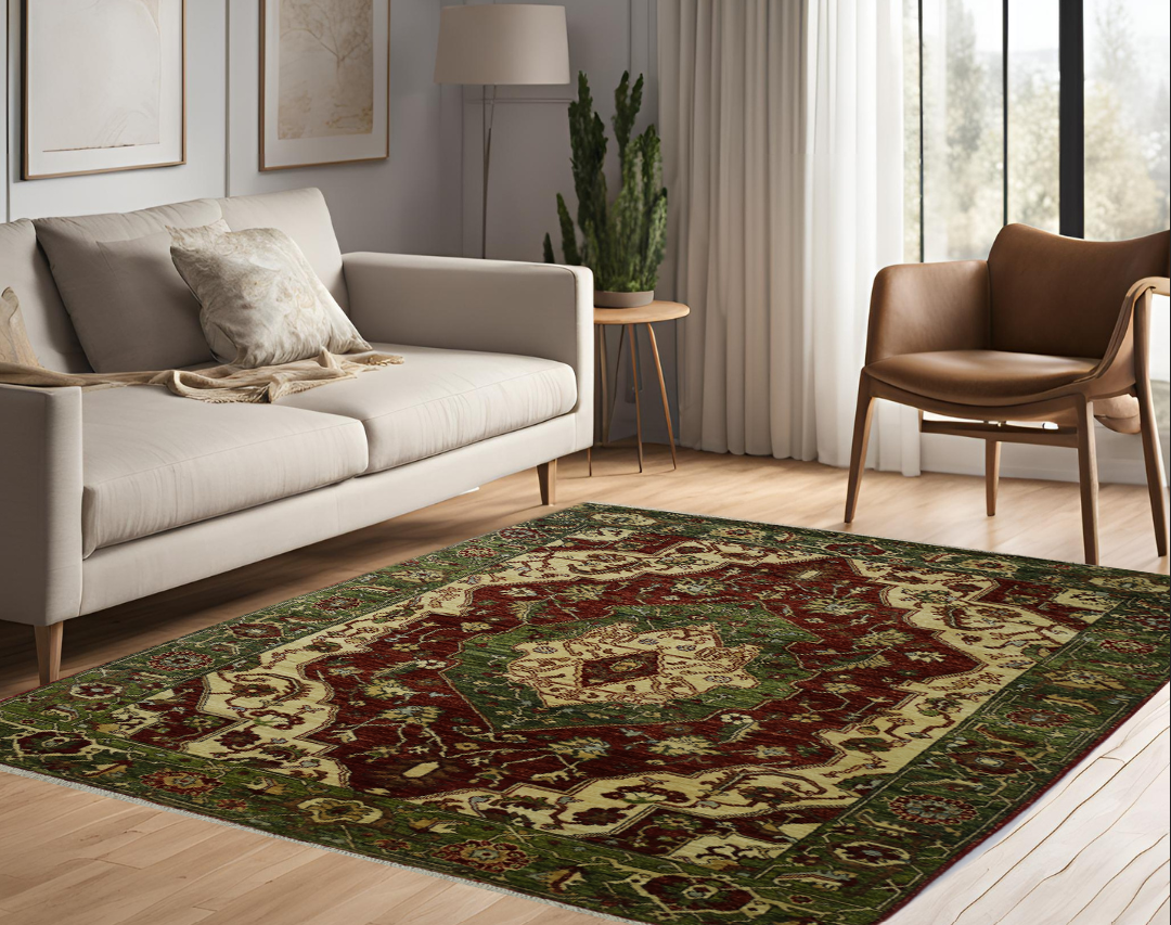 red & green premium handwoven pure wool chobrang rug, 5ft 1in x 6ft 10in
