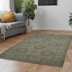 green & ivory premium handwoven pure wool kotan rug, 4ft 0in x 5ft 10in