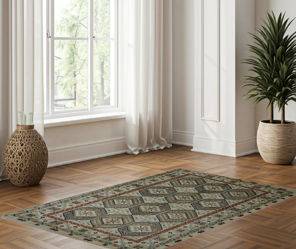 off white & ivory premium handwoven pure wool chobrang rug, 3ft 1in x 5ft 0in