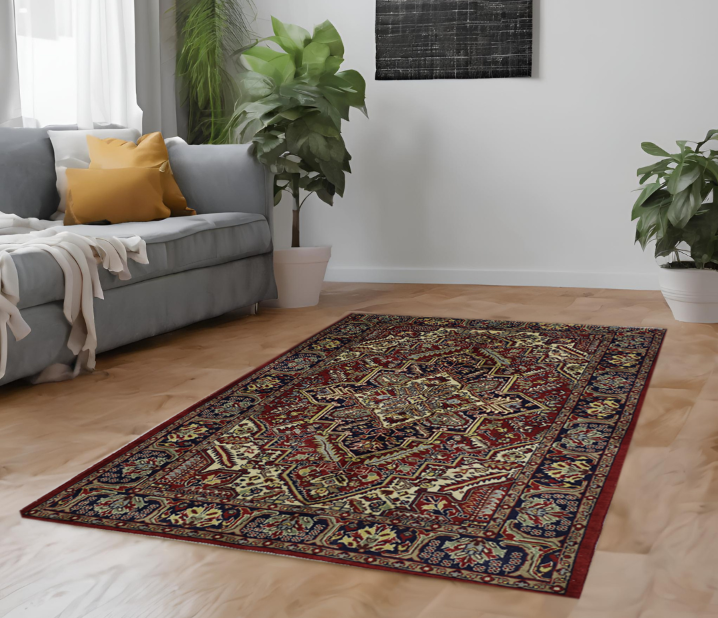 red & navy blue premium handwoven pure wool persian rug, 4ft 0in x 6ft 2in