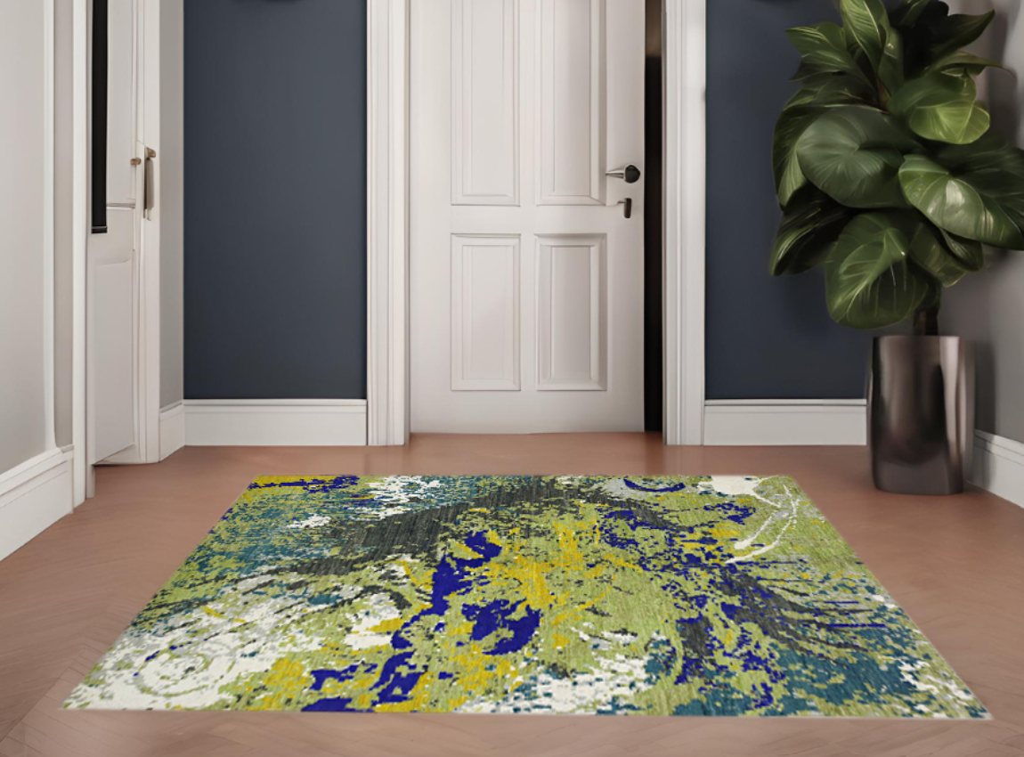 green & charcoal premium handwoven pure wool modern rug, 3ft 11in x 6ft 1in