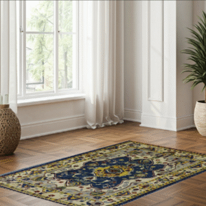 navy blue & ivory premium handwoven pure wool chobrang rug, 3ft 3in x 4ft 6in