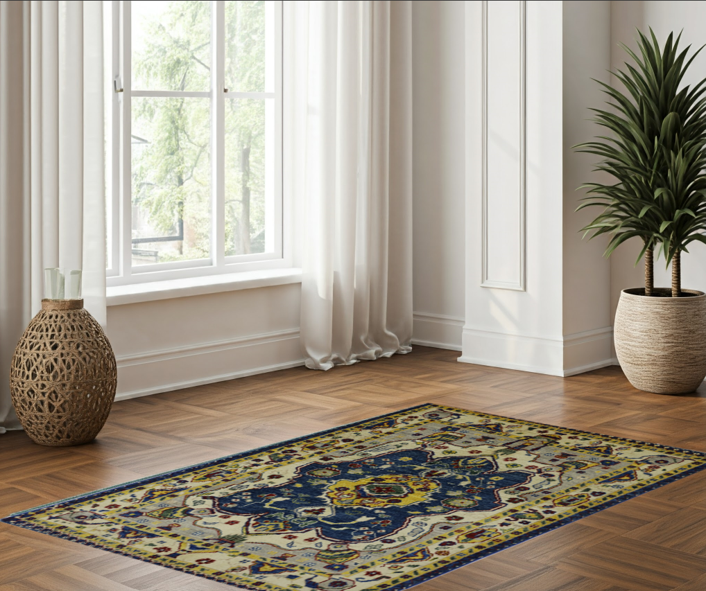navy blue & ivory premium handwoven pure wool chobrang rug, 3ft 3in x 4ft 6in