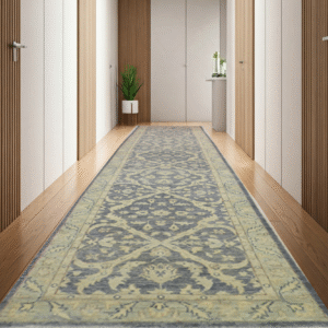 grey & sky blue premium handwoven pure wool chobrang rug, 2ft 7in x 13ft 3in