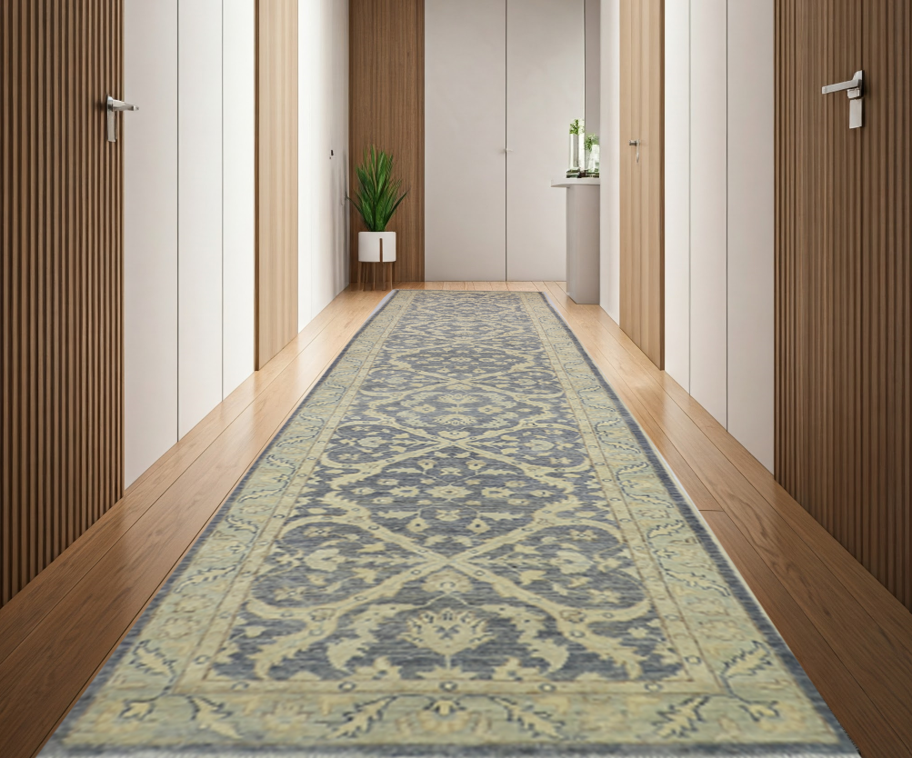 grey & sky blue premium handwoven pure wool chobrang rug, 2ft 7in x 13ft 3in