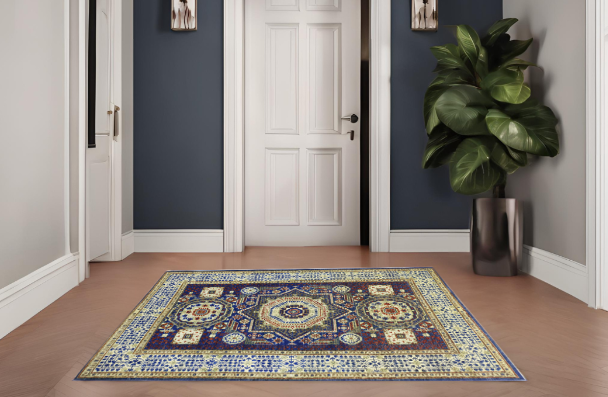 blue & ivory premium handwoven pure wool mamlouk rug, 4ft 1in x 5ft 11in