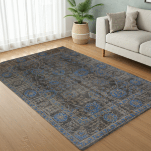 charcoal & blue premium handwoven pure wool chobrang rug, 5ft 0in x 7ft 5in