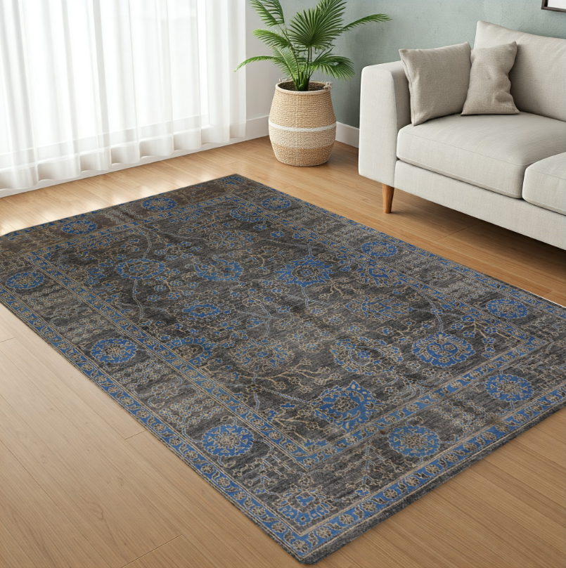 charcoal & blue premium handwoven pure wool chobrang rug, 5ft 0in x 7ft 5in