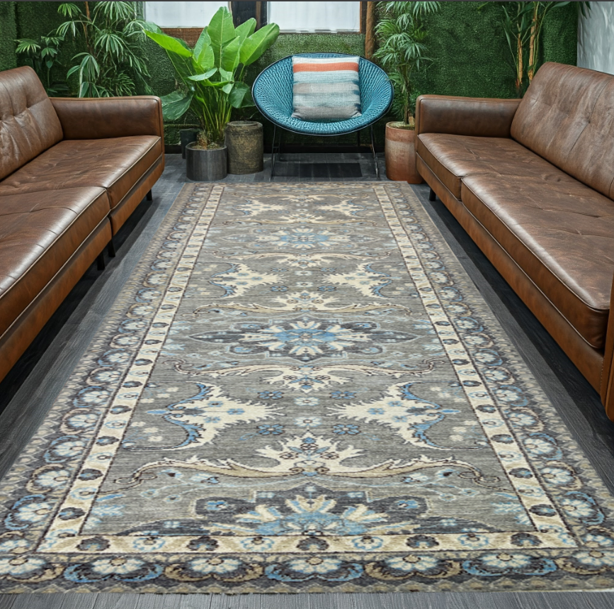 grey & ivory premium handwoven pure wool chobrang rug, 2ft 10in x 9ft 5in