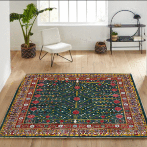 emerald green & red premium handwoven pure wool kotan rug, 6ft 6in x 6ft 6in