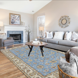 sky blue & ivory premium handwoven pure wool chobrang rug, 5ft 11in x 8ft 8in