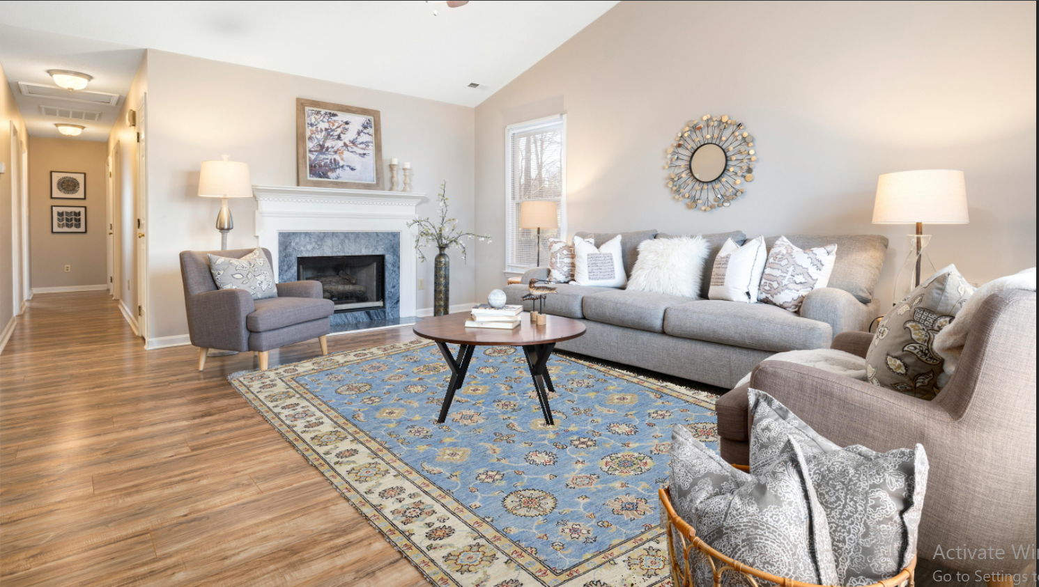 sky blue & ivory premium handwoven pure wool chobrang rug, 5ft 11in x 8ft 8in