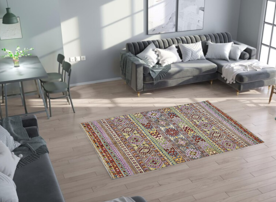 lilac & multi toned premium handwoven pure wool + silk khorjean rug, 5ft 7in x 7ft 11in