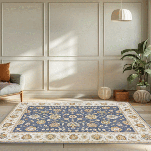 royal blue & ivory premium handwoven pure wool ziegler chobi rug, 5ft 7in x 7ft 9in